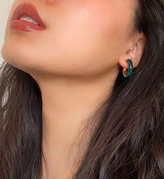 Bottega Veneta C-Shaped Hoop Brown Green Resin Inlay Earrings 9