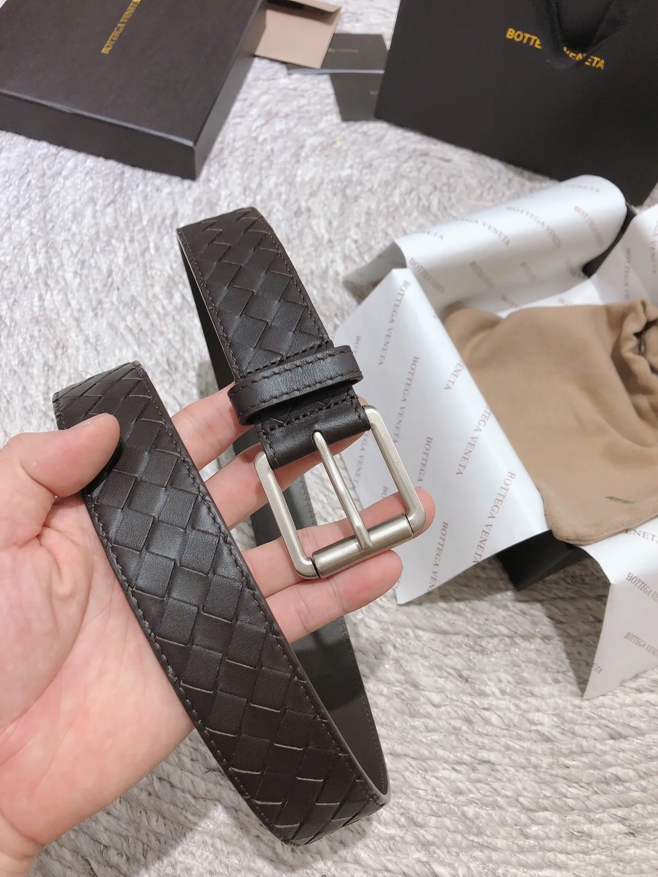 Bottega Veneta Intrecciato حزام بني فضي محبوك مستطيل مشبك جلدي حزام 2
