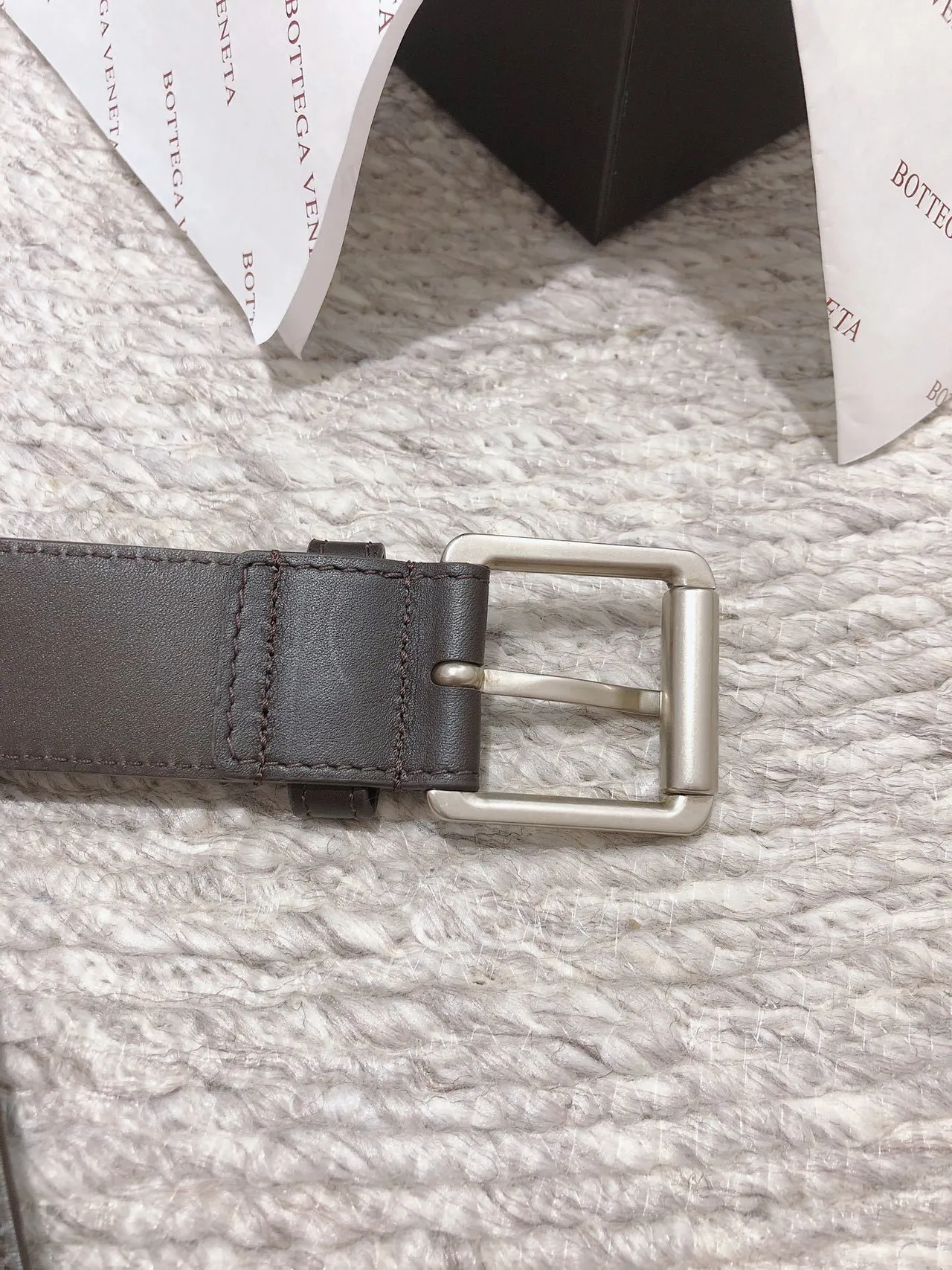 Bottega Veneta Intrecciato حزام بني فضي محبوك مستطيل مشبك جلدي حزام 3