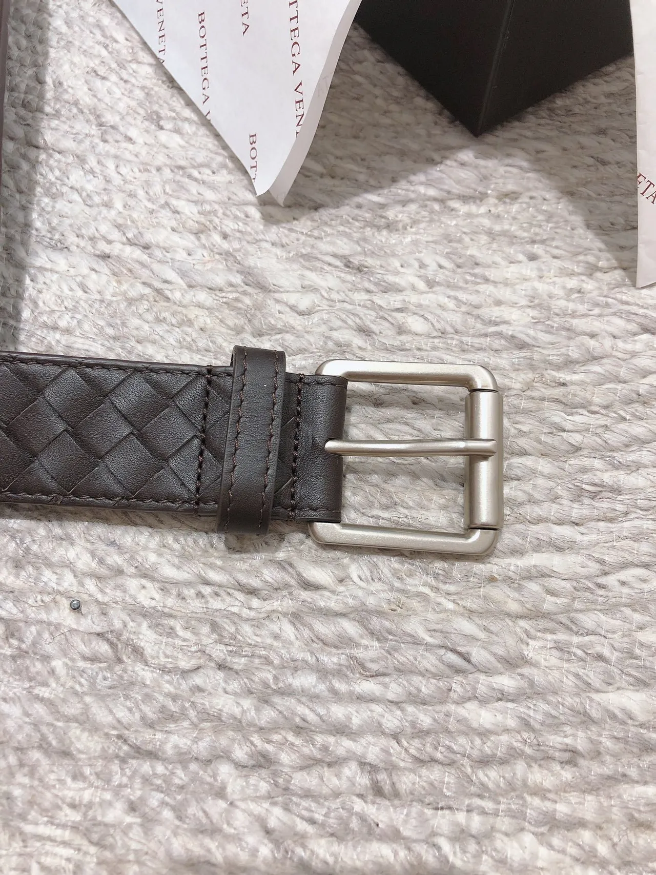 Bottega Veneta Intrecciato حزام بني فضي محبوك مستطيل مشبك جلدي حزام 4