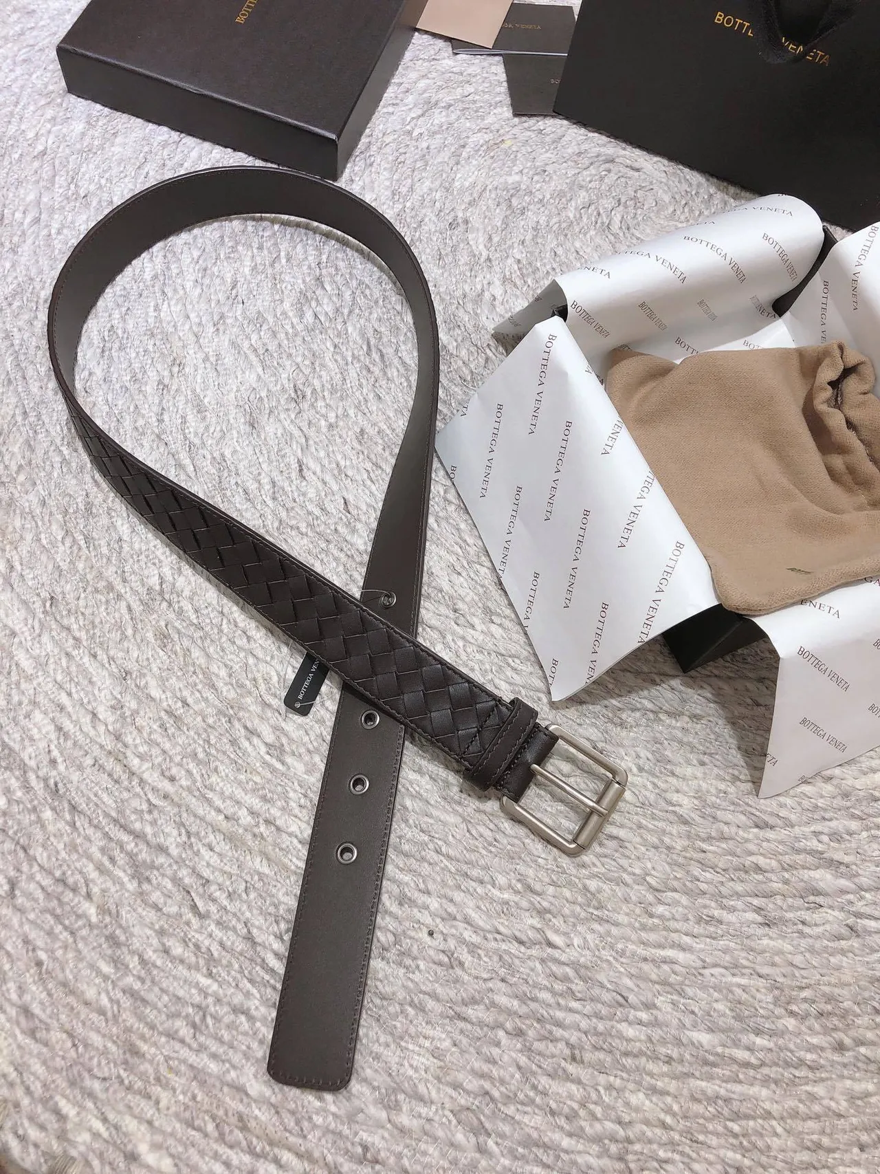 Bottega Veneta Intrecciato حزام بني فضي محبوك مستطيل مشبك جلدي حزام 5