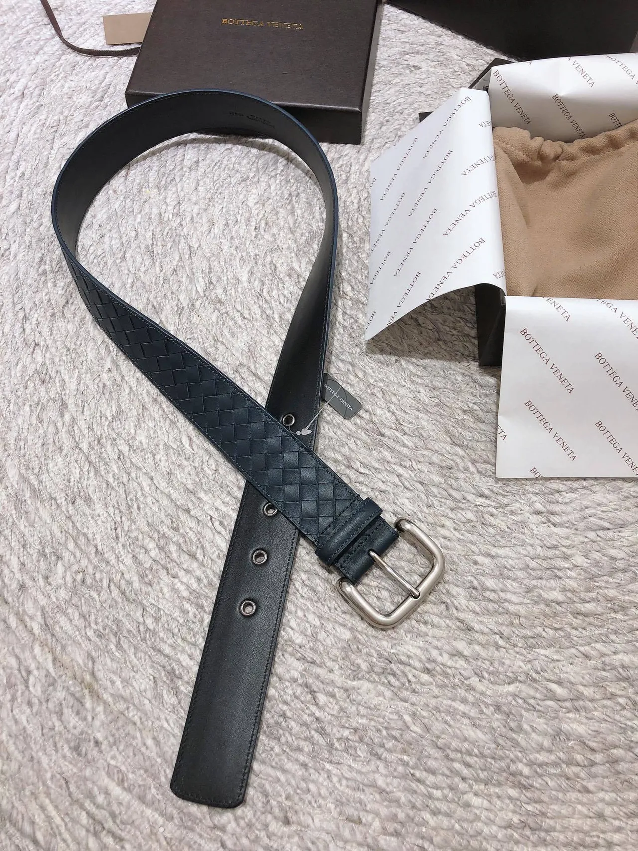Bottega Veneta Navy Silver Intrecciato Tissé Rectangulaire Boucle Cuir Ceinture 4