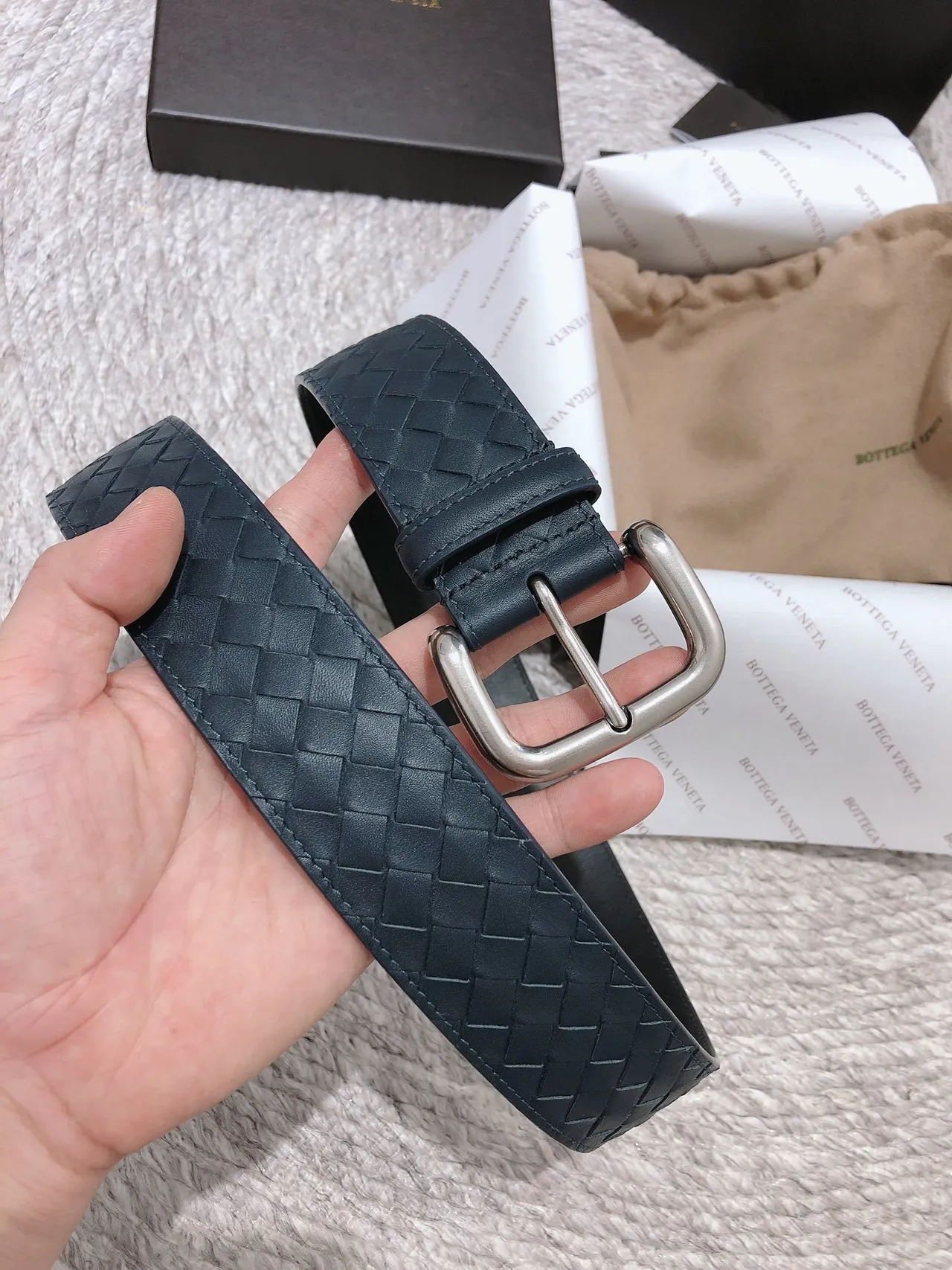 Bottega Veneta Navy Silver Intrecciato Tissé Rectangulaire Boucle Cuir Ceinture 5