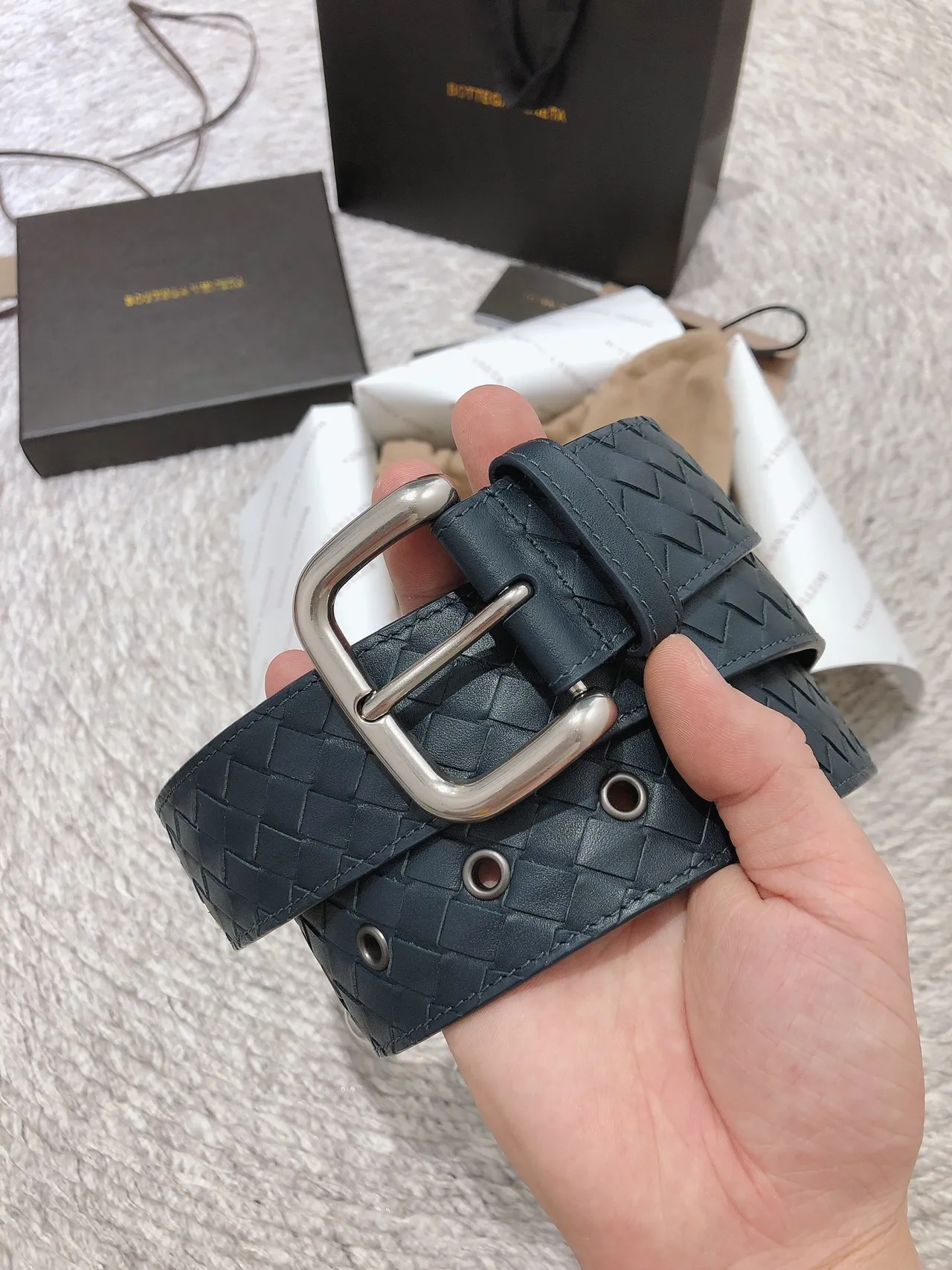 Bottega Veneta Navy Silver Intrecciato Tissé Rectangulaire Boucle Cuir Ceinture 6