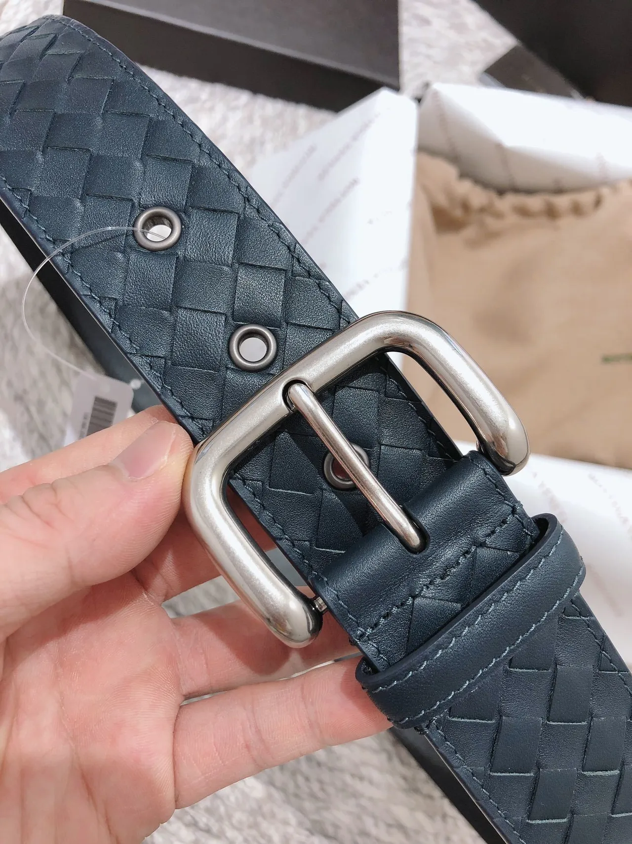 Bottega Veneta Navy Silver Intrecciato Tissé Rectangulaire Boucle Cuir Ceinture 7