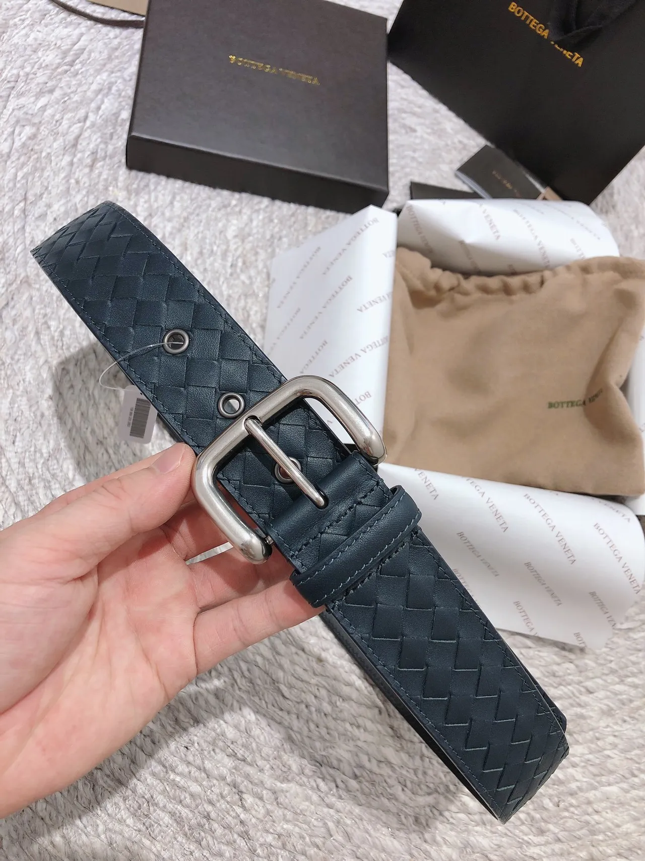 Bottega Veneta Navy Silver Intrecciato Tissé Rectangulaire Boucle Cuir Ceinture 8