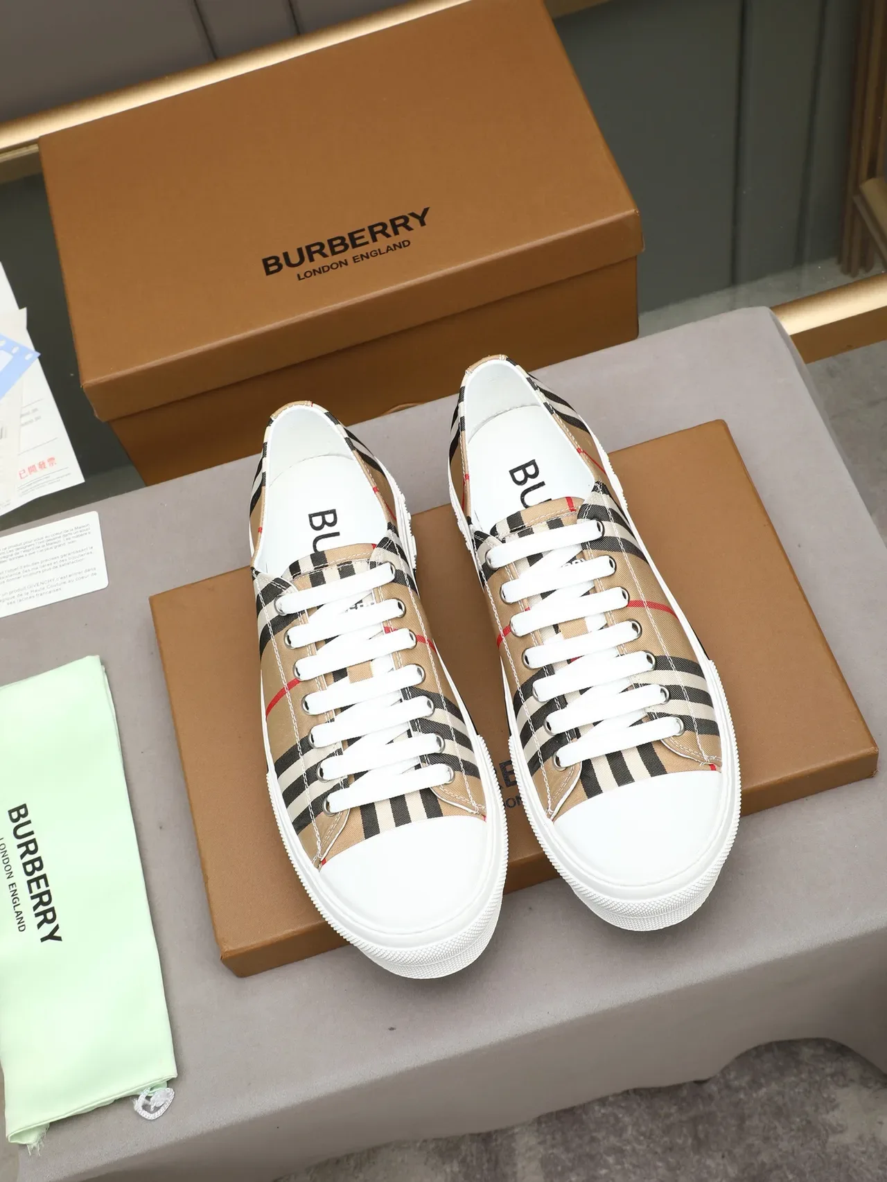Burberry Beige Black Striped Canvas Upper Platform Sole Lifestyle Sneakers 2