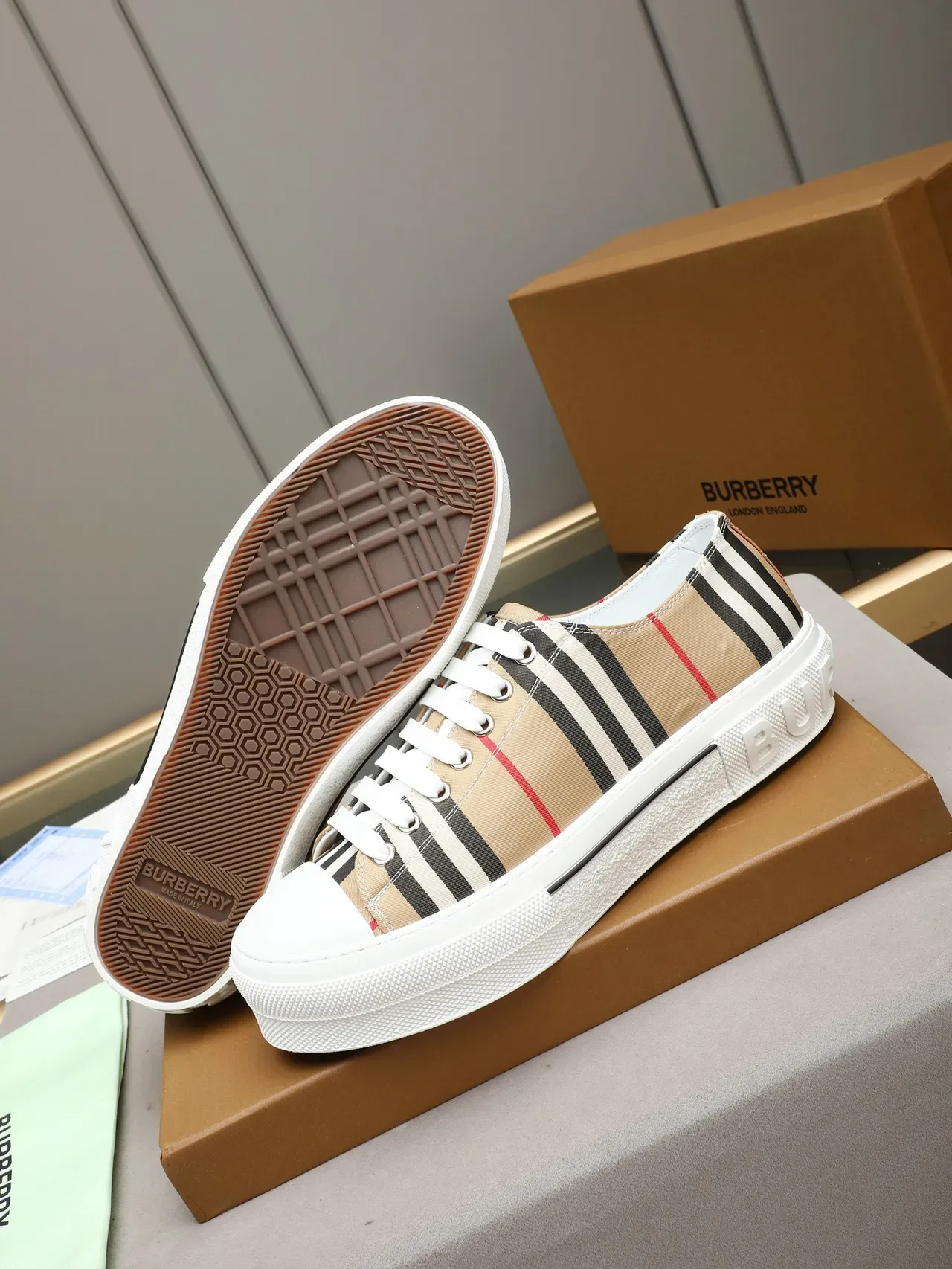 Burberry Beige Black Striped Canvas Upper Platform Sole Lifestyle Sneakers 4