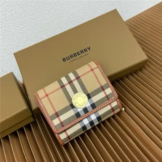 Burberry Beige Brown Classic Check Print Tan Leather Trim Short Wallet