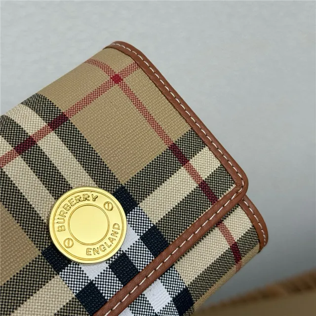 Burberry Beige Brown Classic Check Print Tan Leather Trim Short Wallet 2