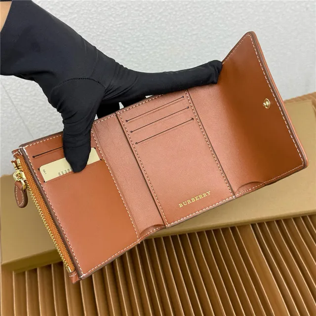 Burberry Beige Brown Classic Check Print Tan Leather Trim Short Wallet 5