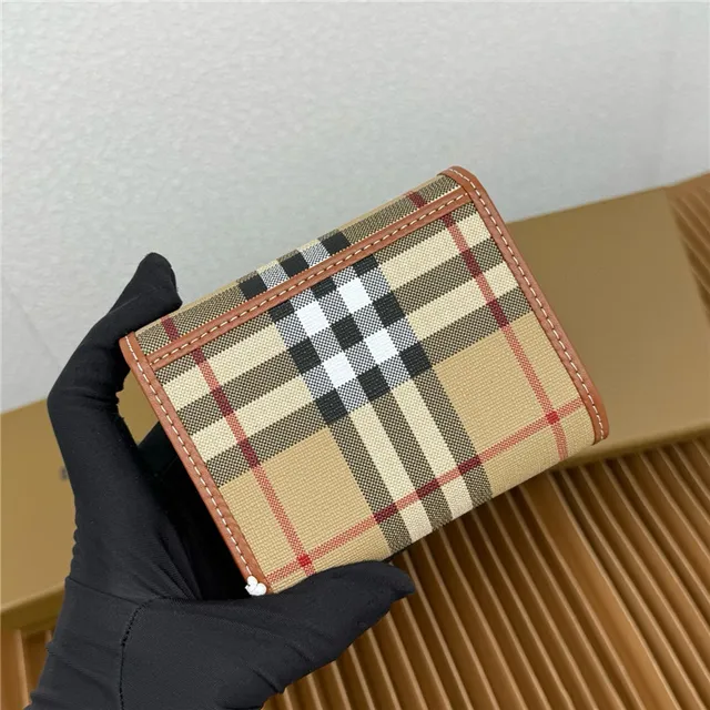 Burberry Beige Brown Classic Check Print Tan Leather Trim Short Wallet 7
