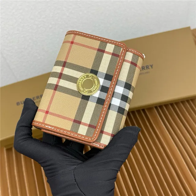 Burberry Beige Brown Classic Check Print Tan Leather Trim Short Wallet 8