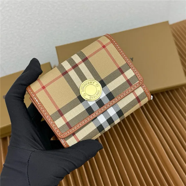 Burberry Beige Brown Classic Check Print Tan Leather Trim Short Wallet 9