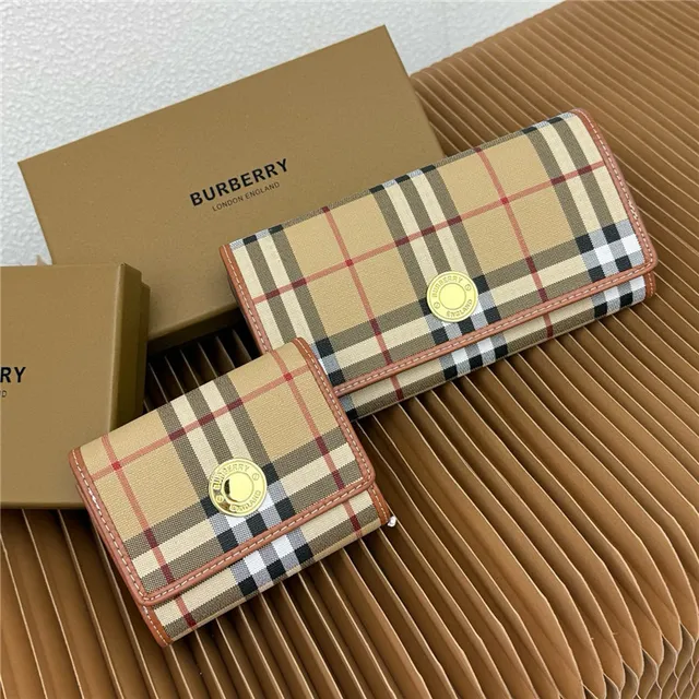 Burberry Beige Brown Classic Check Print Tan Leather Trim Short Wallet 10