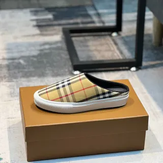 Burberry Beige White Check-Print Textile Backless Mule Casual Shoes