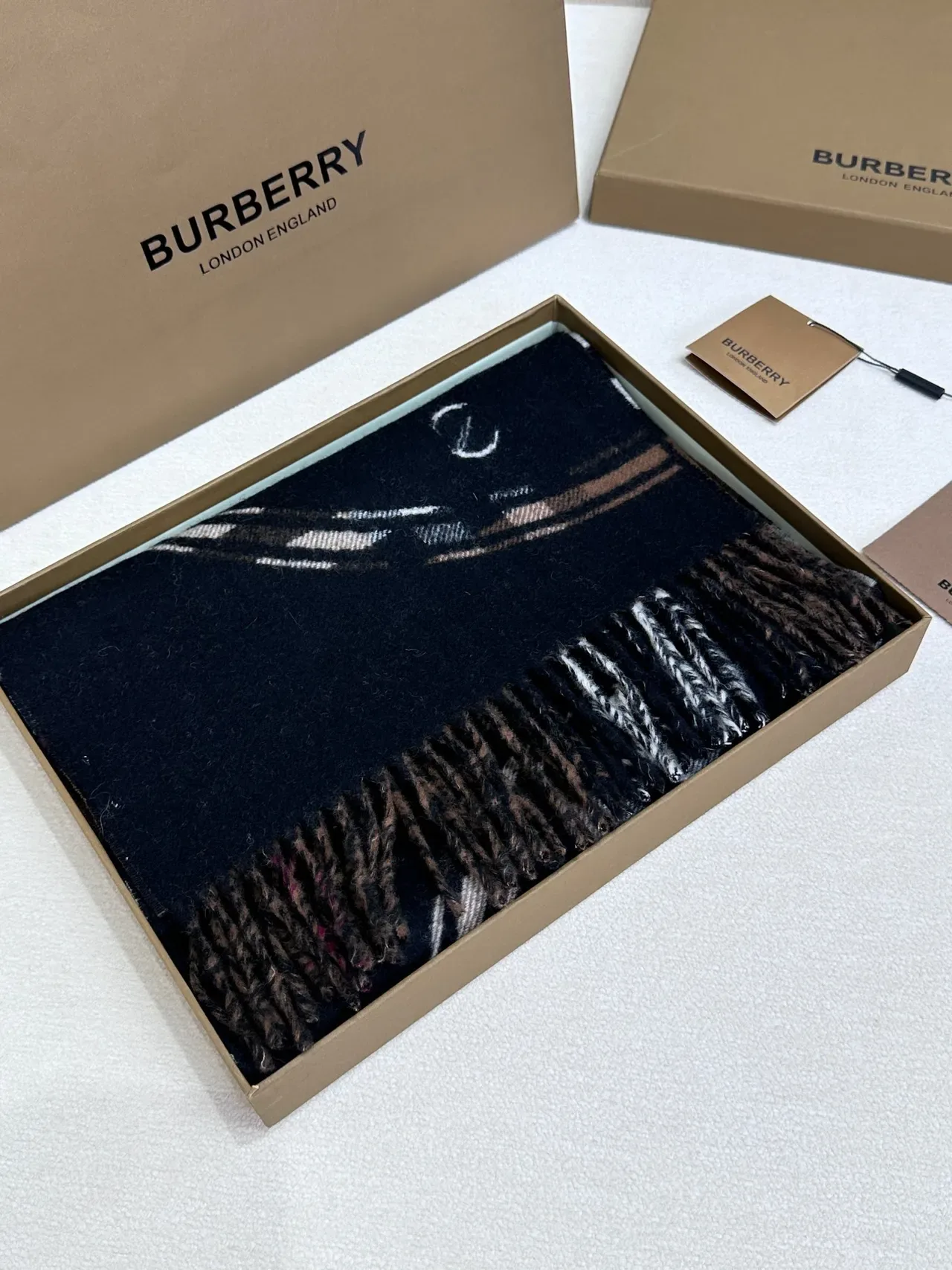Burberry Black and Cream Fringed Cashmere Scarf 7