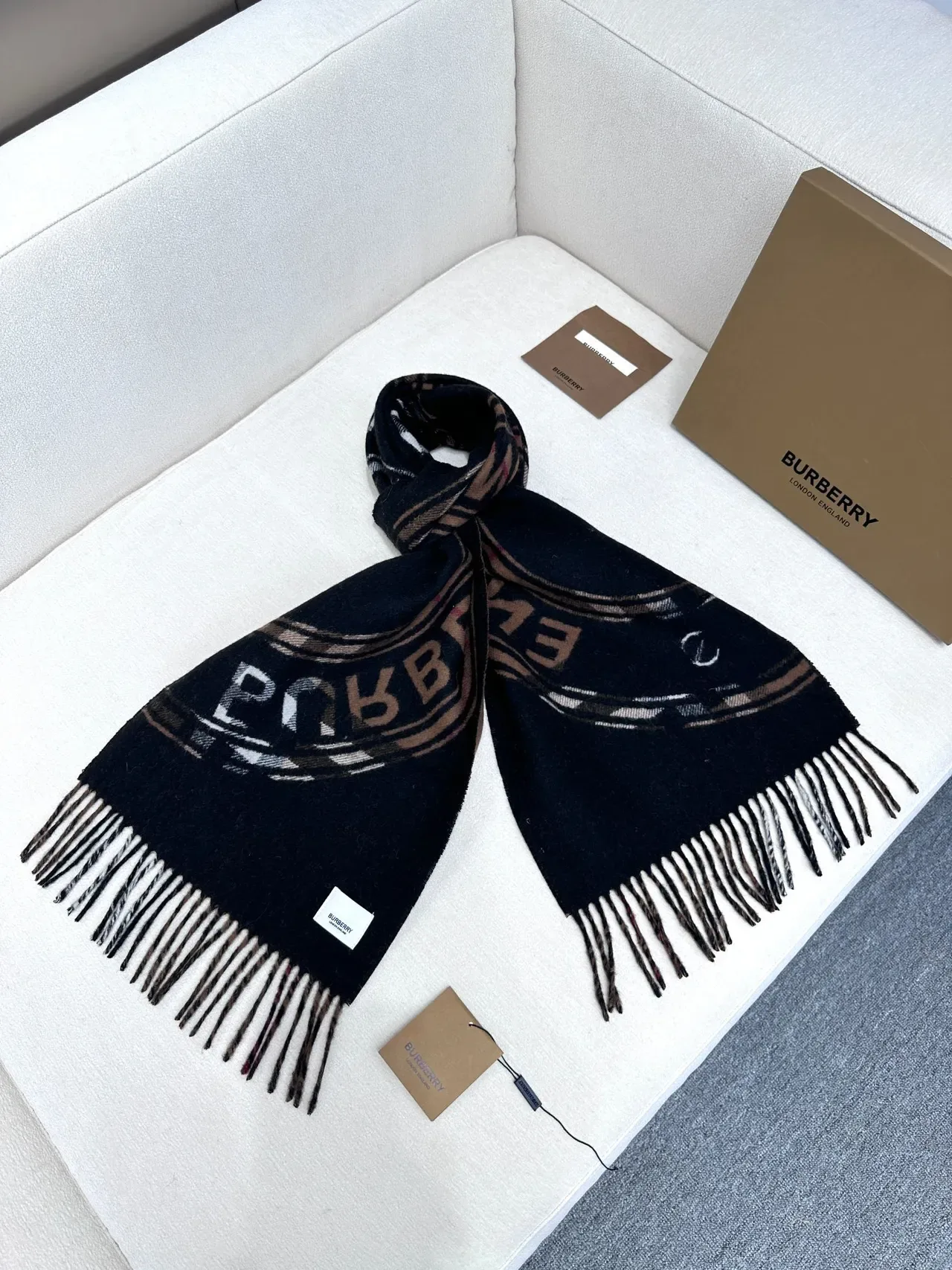 Burberry Black and Cream Fringed Cashmere Scarf 9