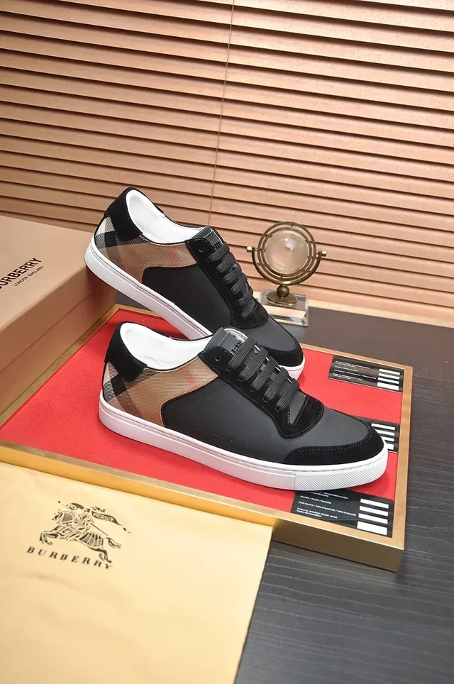 Burberry Noir Beige Daim et Cuir Supérieur Panneau Tissu à Carreaux Sneakers Lifestyle 3