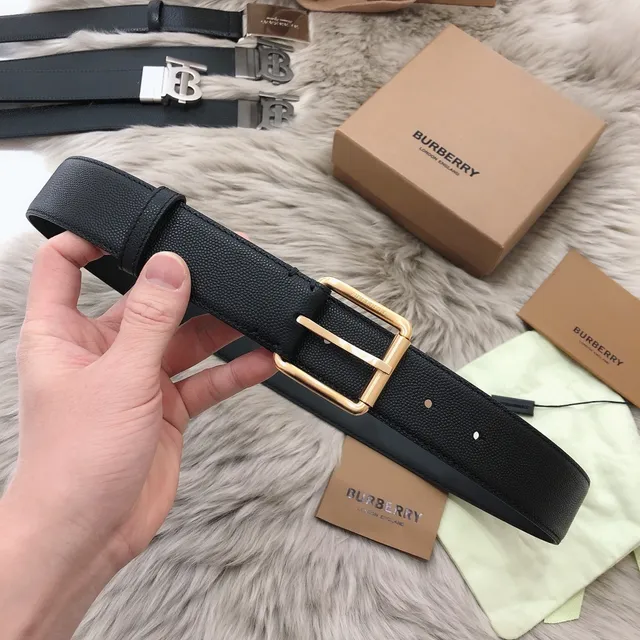 Burberry Black Beige Textured Grain Matte Rectangular Buckle Leather Belt 7