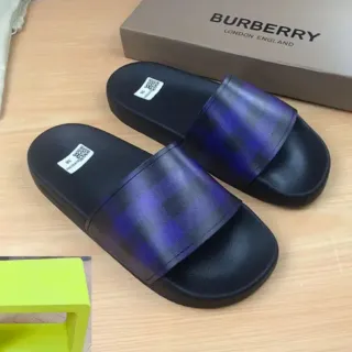 Burberry Black Blue Molded Rubber Sole Translucent Check-Pattern Strap Slippers