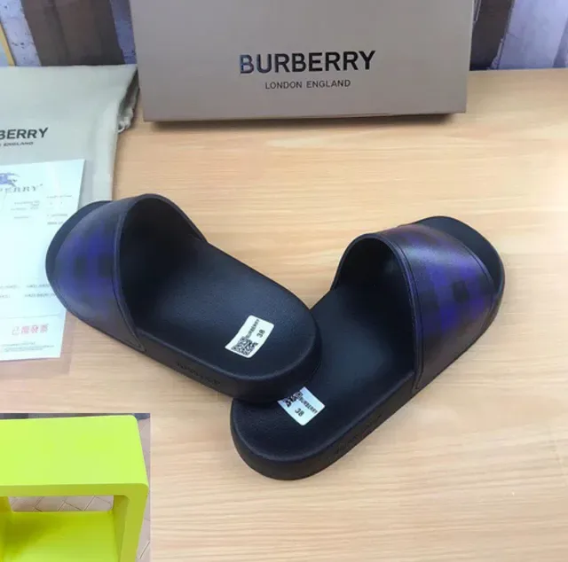Burberry Black Blue Molded Rubber Sole Translucent Check-Pattern Strap Slippers 2
