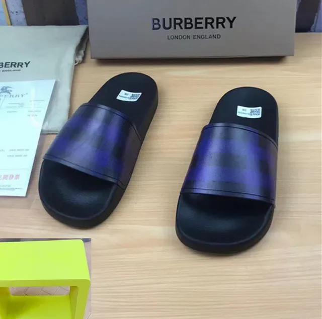 Burberry Black Blue Molded Rubber Sole Translucent Check-Pattern Strap Slippers 5