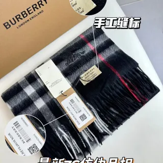 Burberry 黑色红色经典格纹图案流苏边羊绒围巾