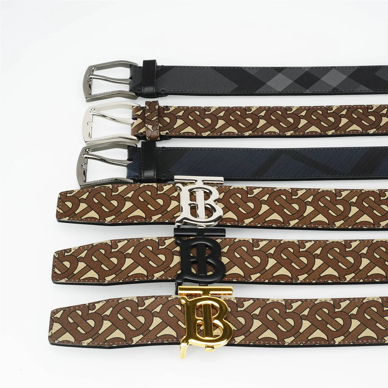 Burberry Black Silver Textured Diagonal Check Pattern Leather Belt 2