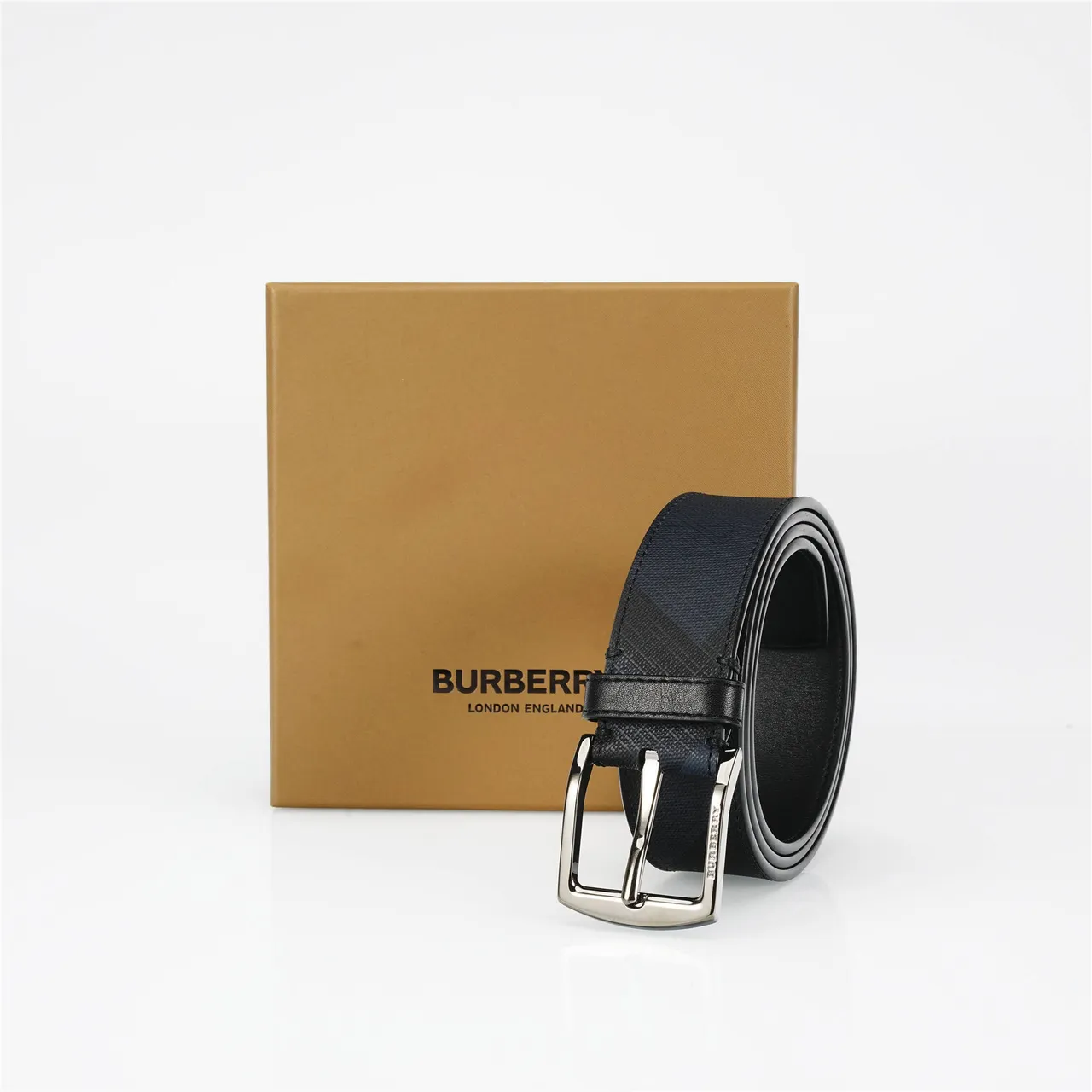 Burberry Black Silver Textured Diagonal Check Pattern Leather Belt 5