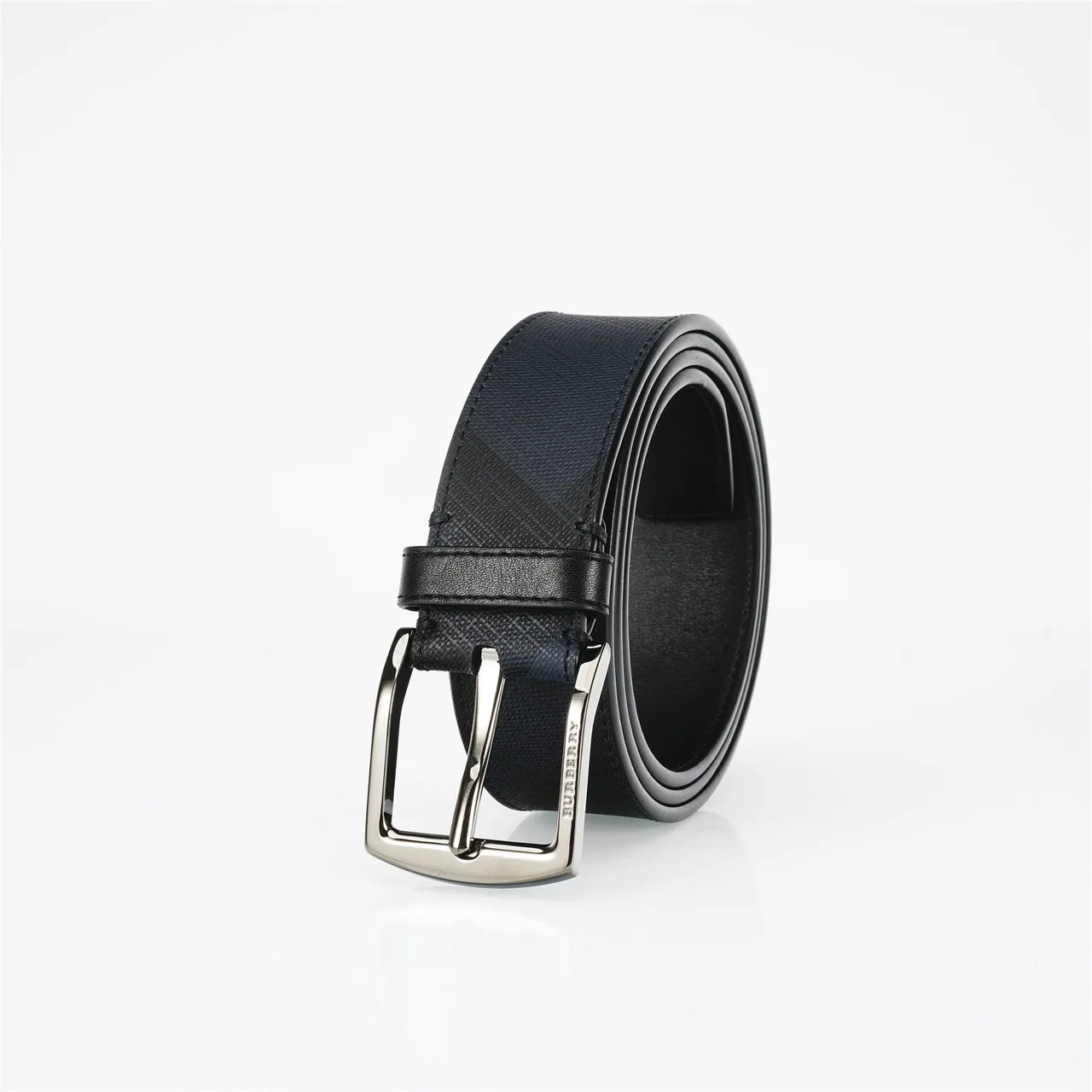 Burberry Black Silver Textured Diagonal Check Pattern Leather Belt 6
