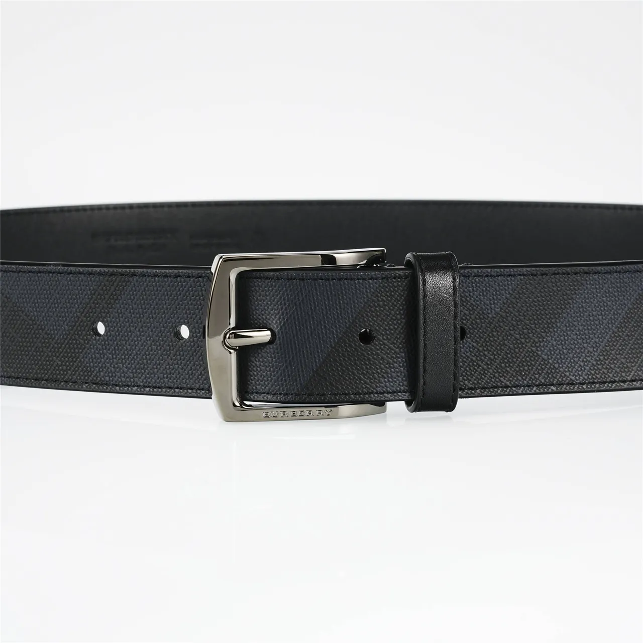 Burberry Black Silver Textured Diagonal Check Pattern Leather Belt 8