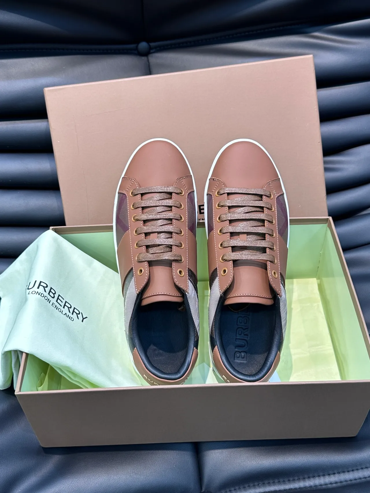 Burberry Marron Beige Maison Check Panneau Cuir Tan Overlays Lifestyle Sneakers 2
