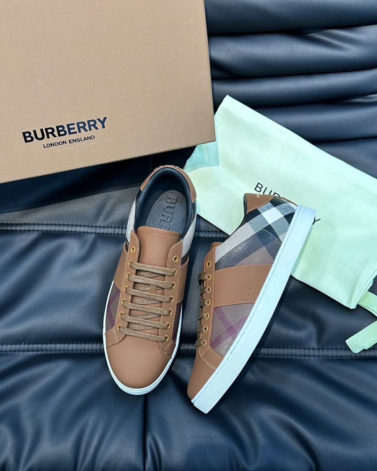 Burberry Marron Beige Maison Check Panneau Cuir Tan Overlays Lifestyle Sneakers 5