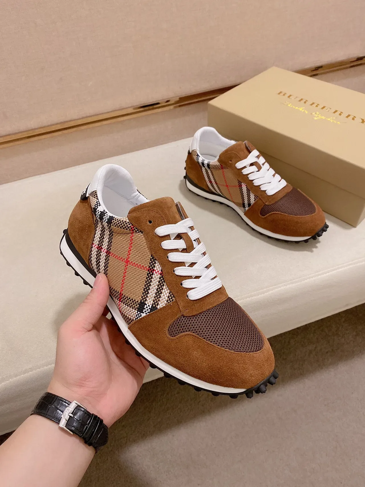Burberry Marron Beige Suede House Check Textile Upper Mesh Toe Overlay Sneakers Lifestyle 5