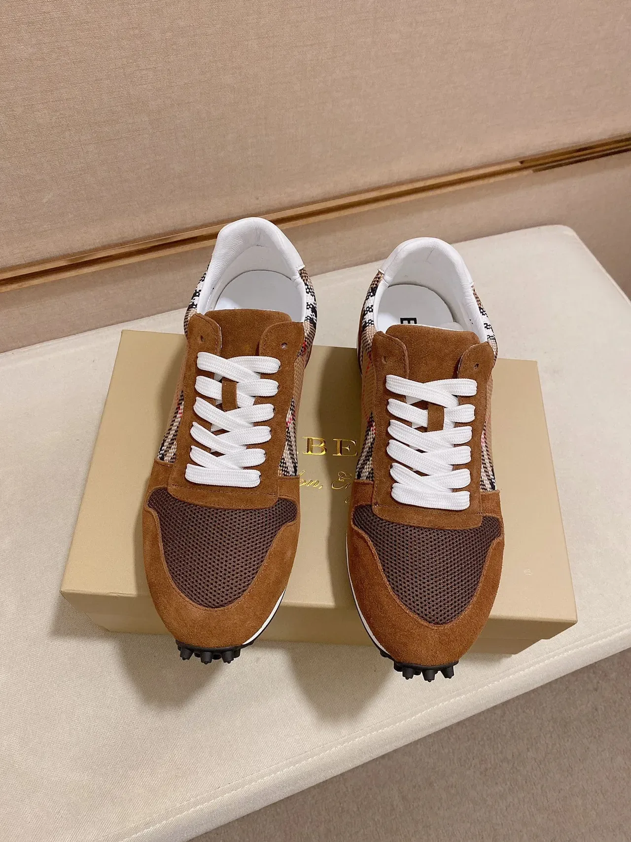 Burberry Marron Beige Suede House Check Textile Upper Mesh Toe Overlay Sneakers Lifestyle 6