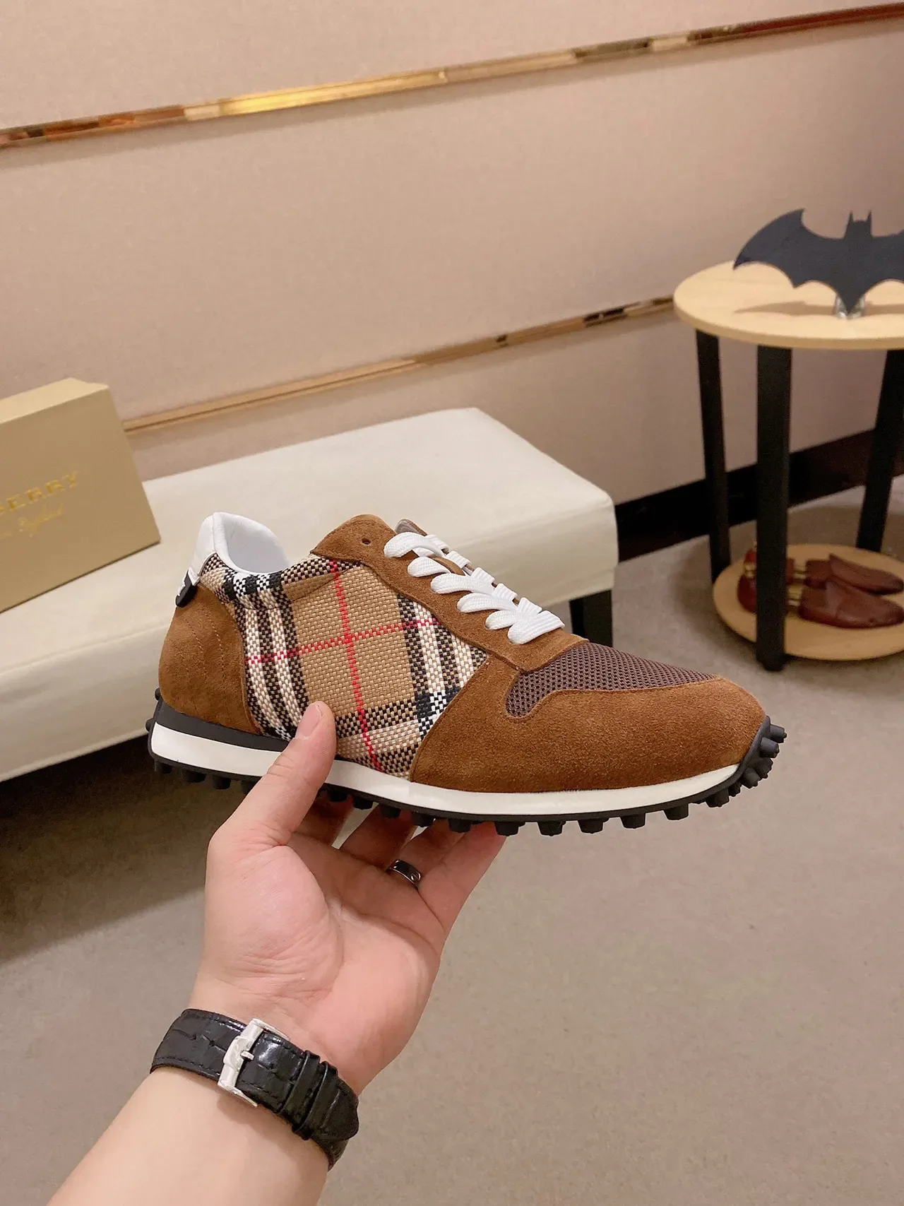 Burberry Marron Beige Suede House Check Textile Upper Mesh Toe Overlay Sneakers Lifestyle 7