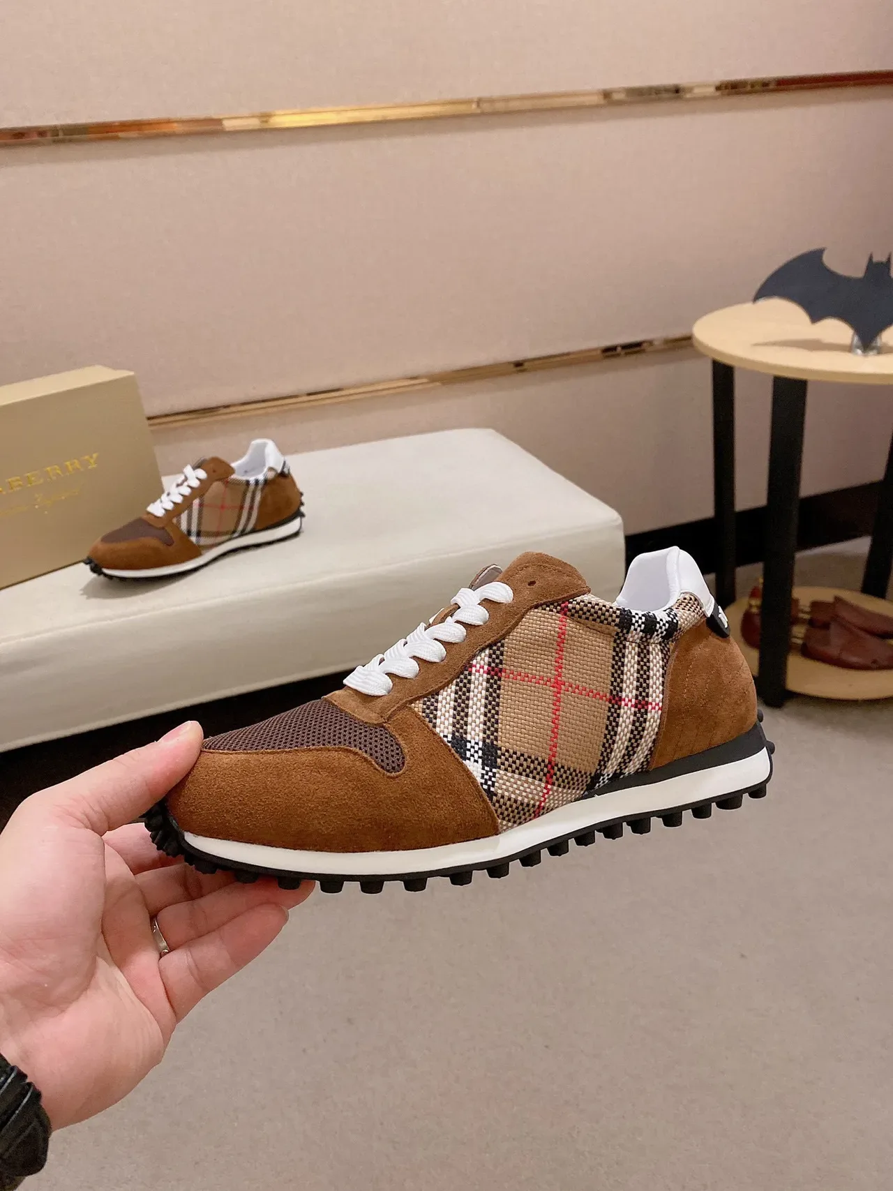 Burberry Marron Beige Suede House Check Textile Upper Mesh Toe Overlay Sneakers Lifestyle 8