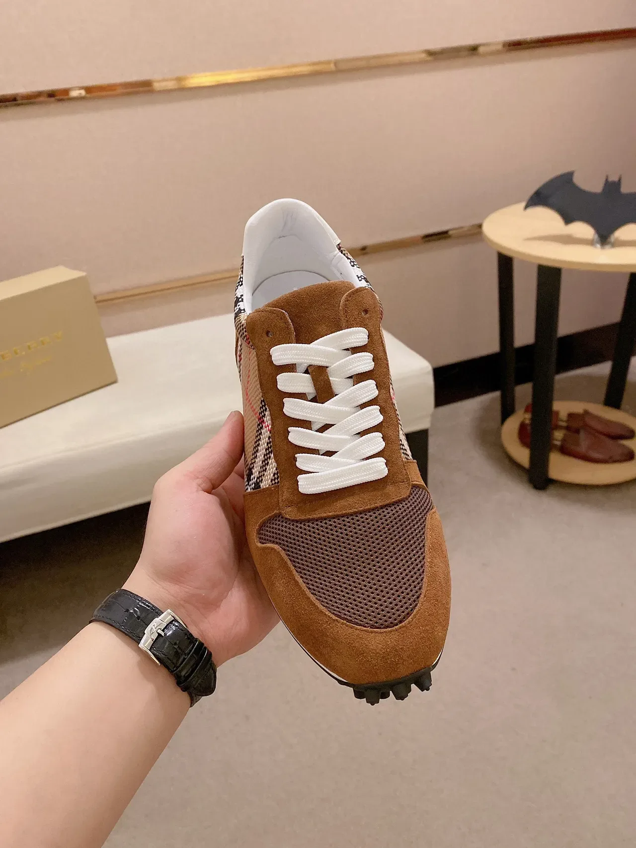 Burberry Marron Beige Suede House Check Textile Upper Mesh Toe Overlay Sneakers Lifestyle 9