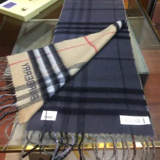 Burberry Classic Check Scarf Navy Beige Pattern Fringed Ends Cashmere Scarf