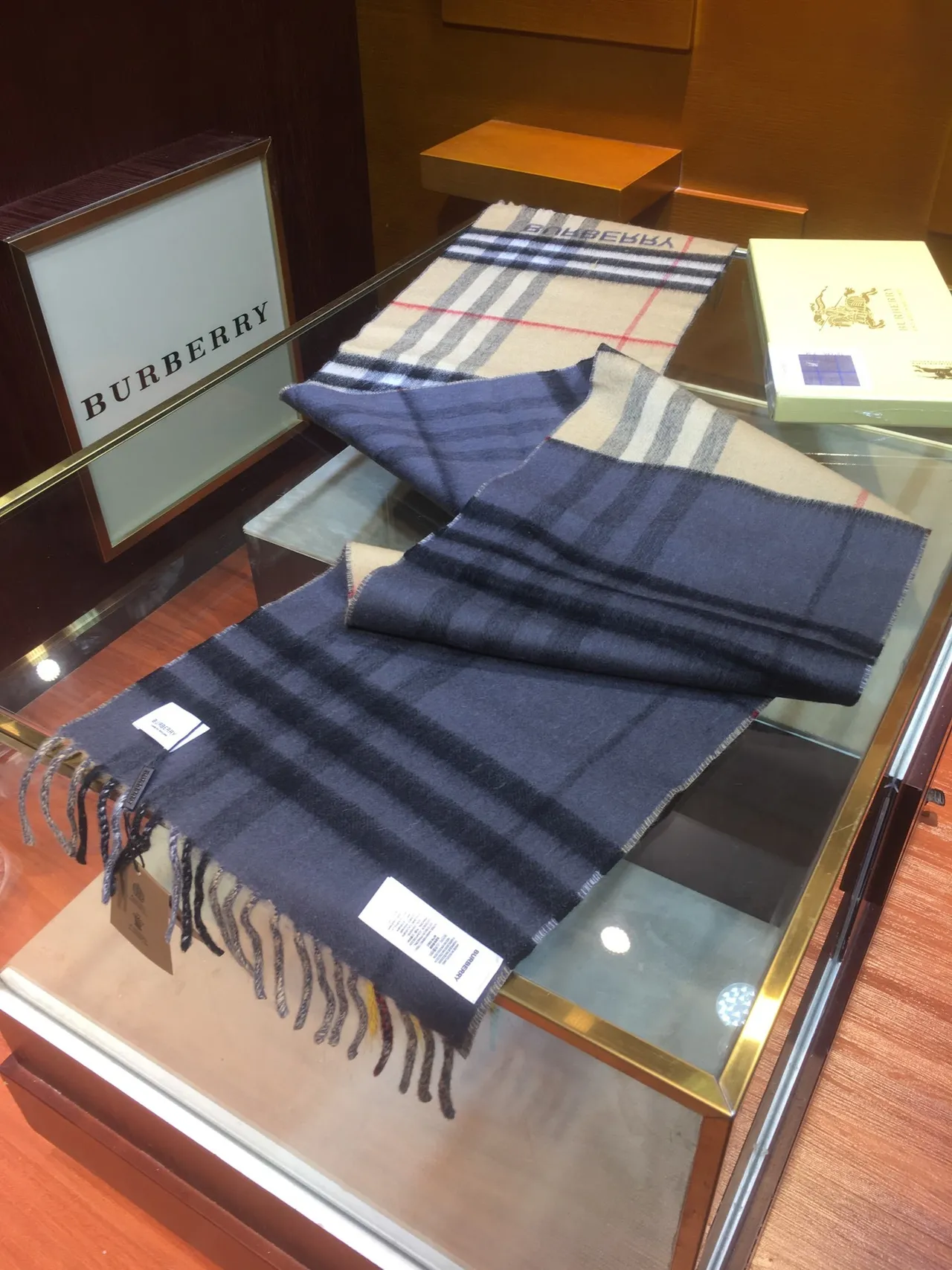 Burberry Écharpe Classique à Carreaux Bleu Marine Beige Motif Extrémités Frangées Cachemire Écharpe 6