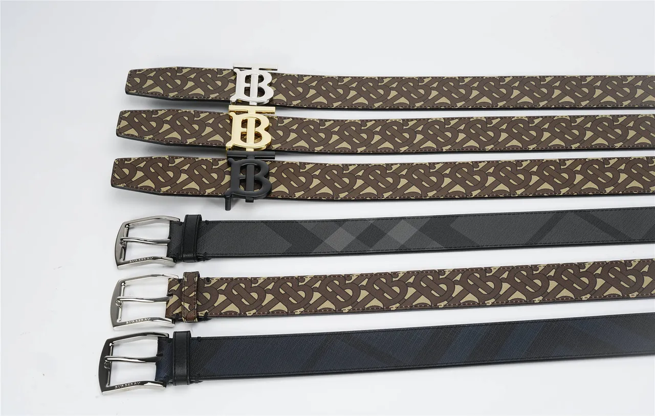 Burberry Diagonal Check Black Gray Pattern Woven Fabric Leather Belt 2