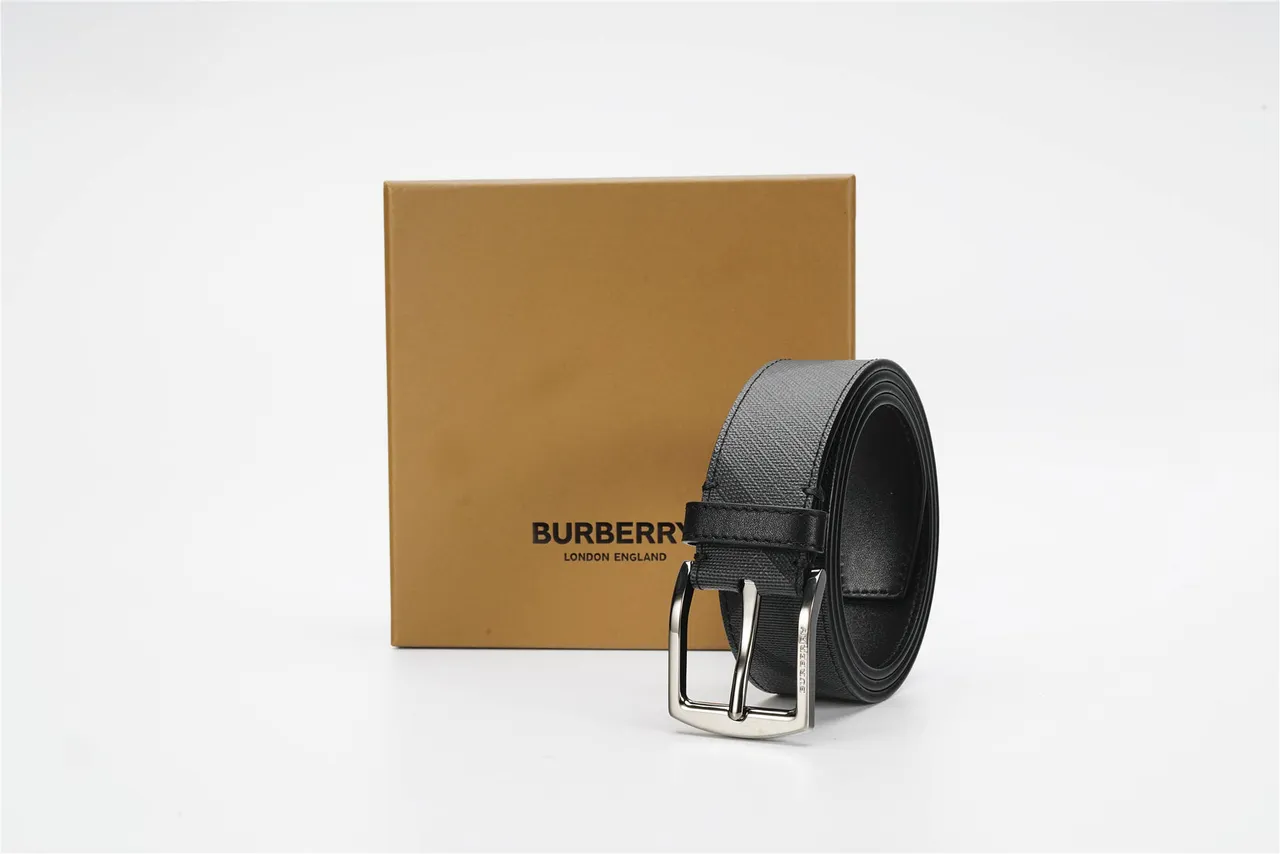 Burberry Diagonal Check Black Gray Pattern Woven Fabric Leather Belt 5