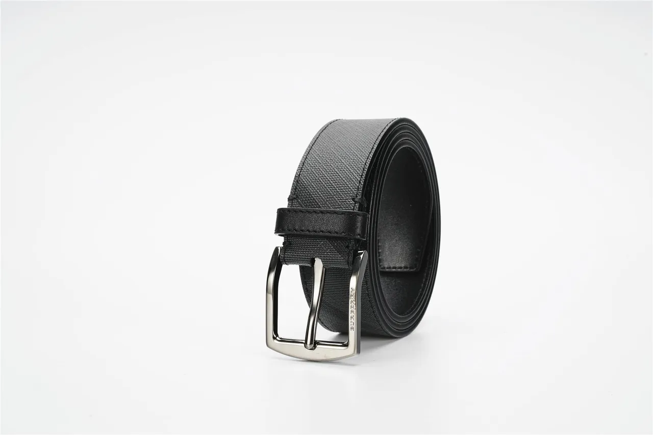 Burberry Diagonal Check Black Gray Pattern Woven Fabric Leather Belt 6