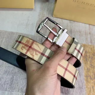 Burberry Haymarket Check Beige Red Reversible Buckle Print Leather Belt