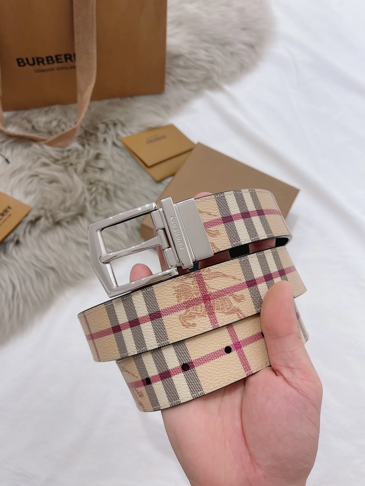 Burberry Haymarket Check Reversible Leather Belt 4