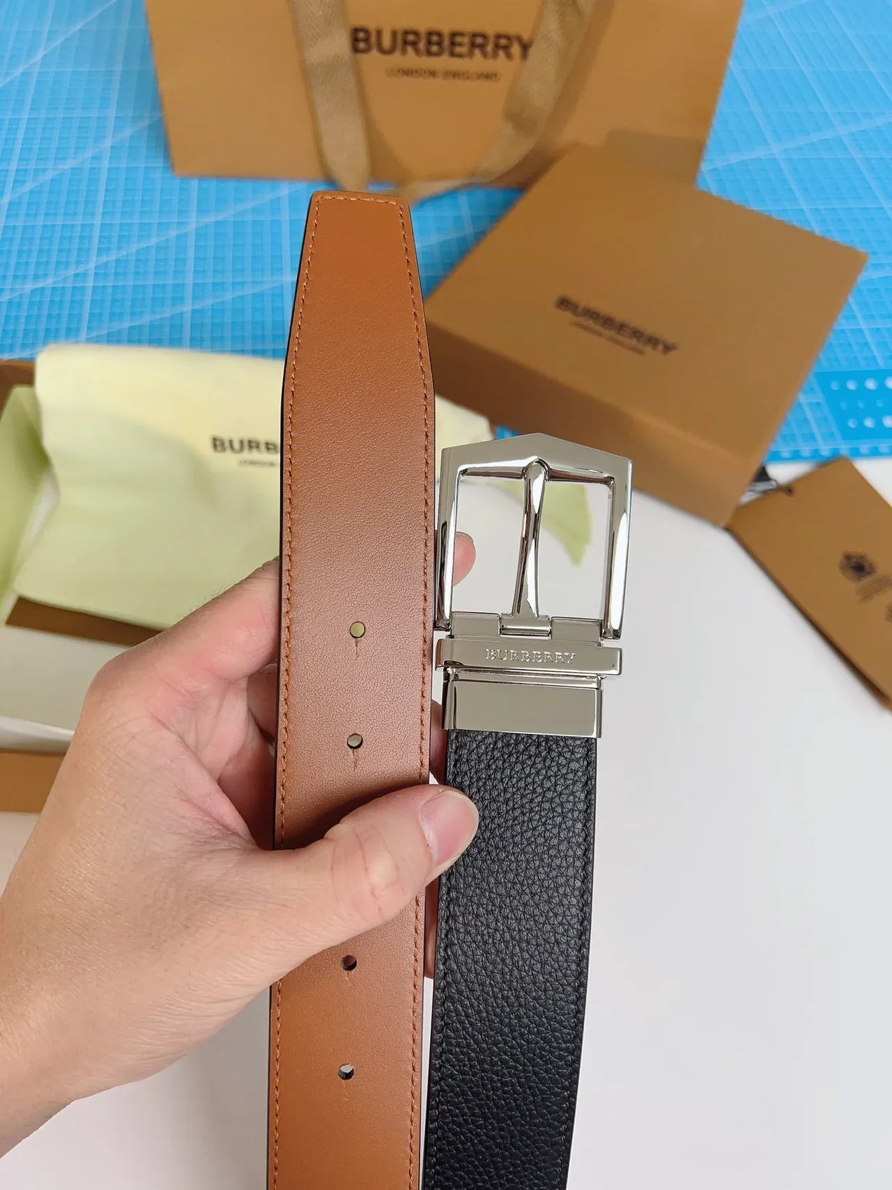 Burberry Knight Black Pebbled Leather Belt 2