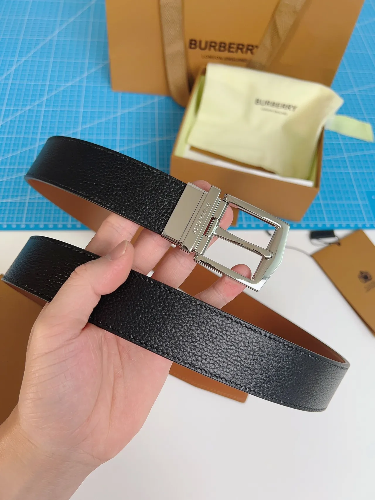 Burberry Knight Black Pebbled Leather Belt 5