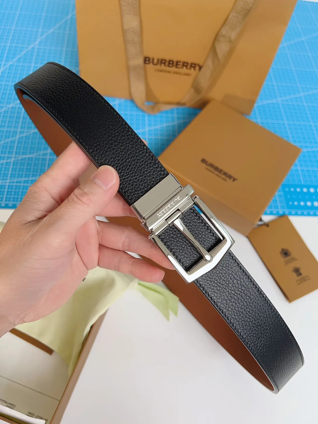 Burberry Knight Black Pebbled Leather Belt 8