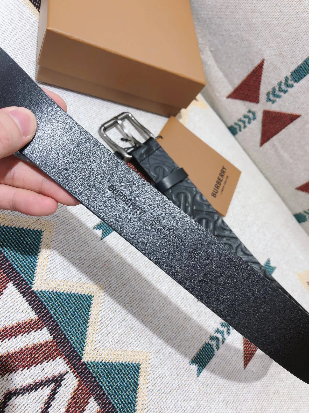 Burberry Knight Black Silver Embossed Monogram Buckle Leather Belt 3